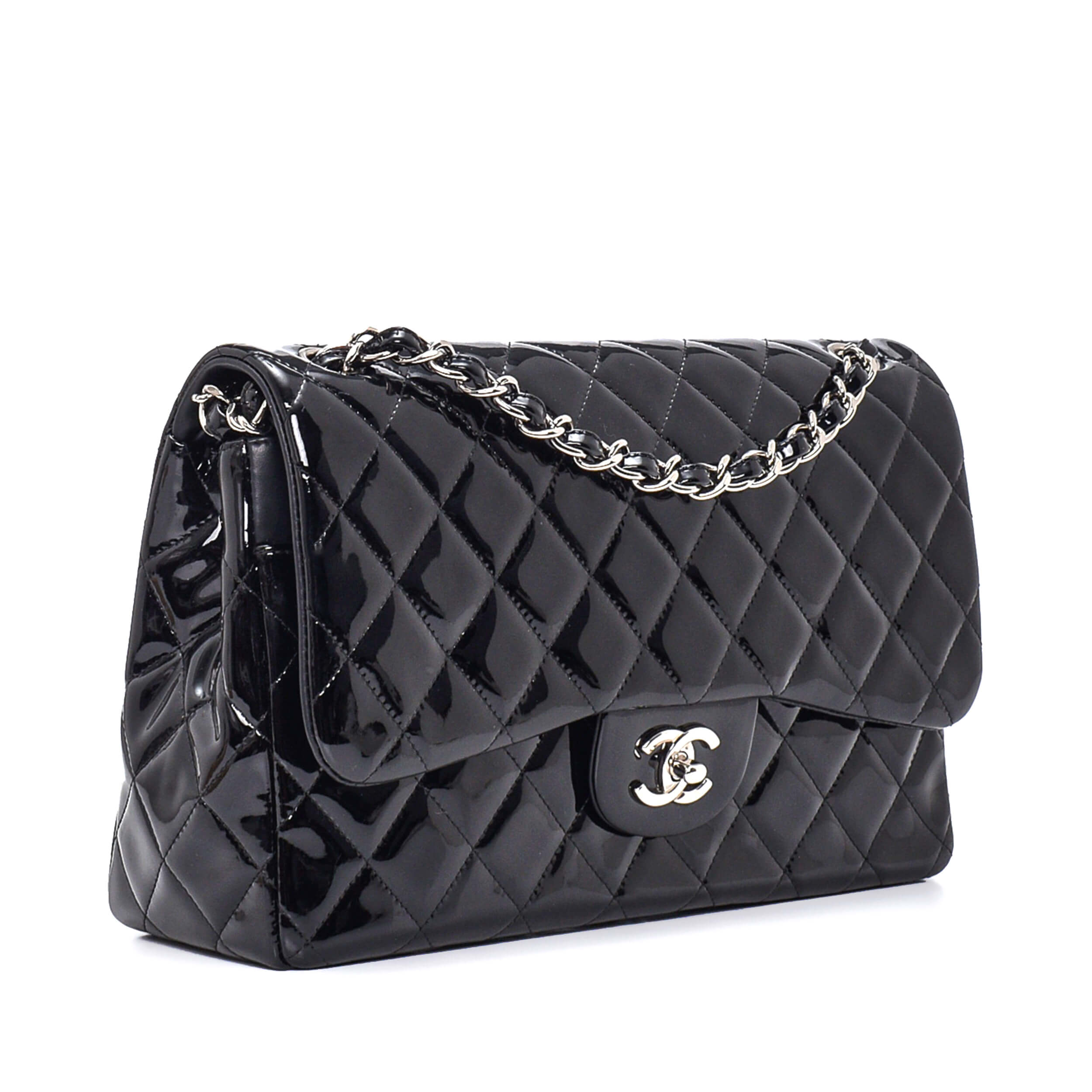 Chanel - Black Quilted Patent Leather Jumbo Double Flap Bag